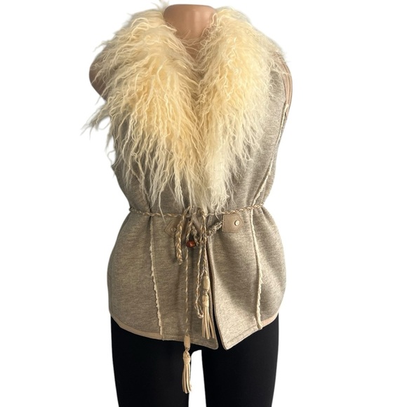 Thursday Island Beige & Grey Boho Faux Fur Vest Gilet - Picture 1 of 11